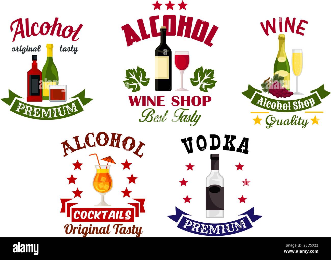 Alcohol beverages and drinks signs or emblems set of whiskey and cognac brandy bottle, red and white wine glass with grape vine, champagne with vodka Stock Vector