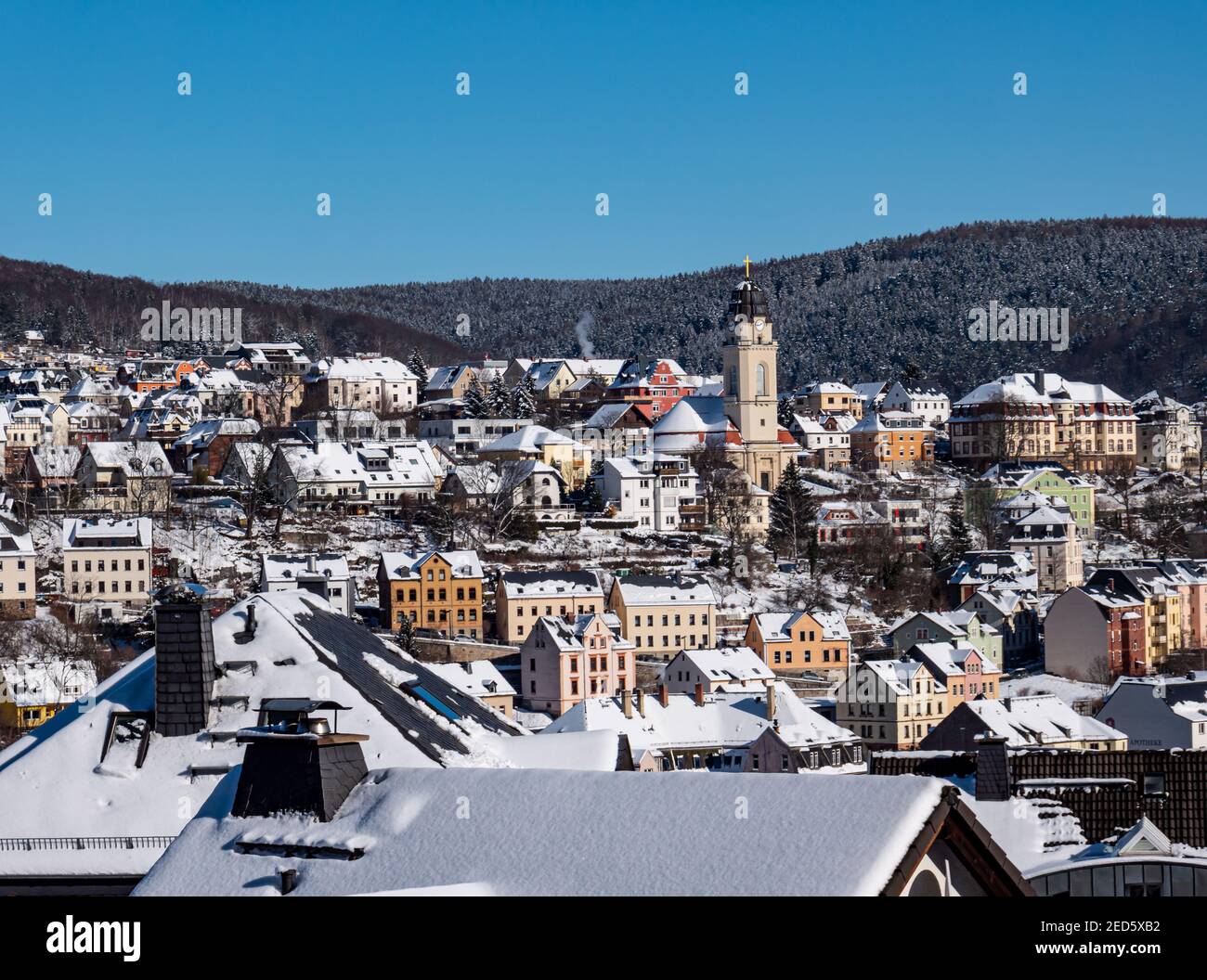 View of the mountain town of Aue in the Ore Mountains Stock Photo