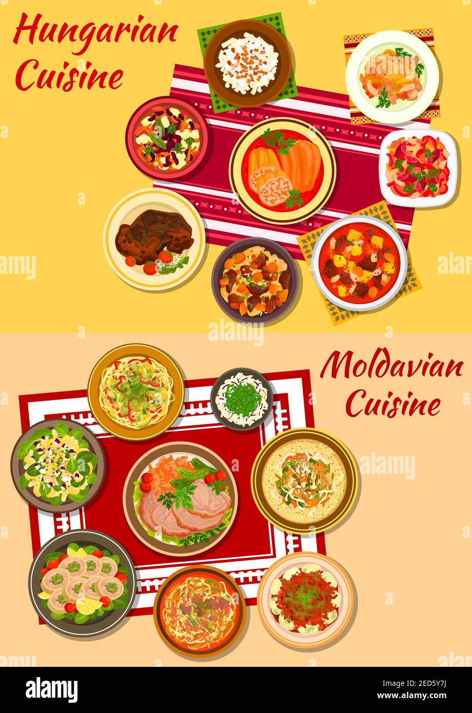 Hungarian and moldavian cuisine icon with rich meat and vegetable stews, baked pork, stuffed papper, noodles, dumpling and vegetable salads, chicken p Stock Vector
