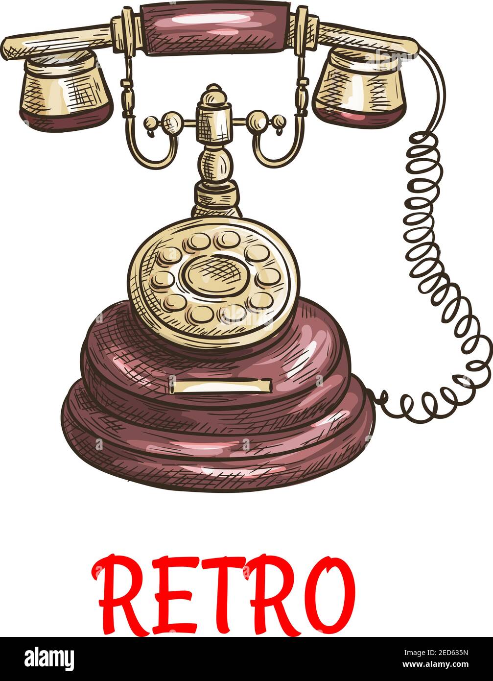 Old vintage retro phone with receiver, dial, wire. Vector color sketch antique telephone Stock Vector