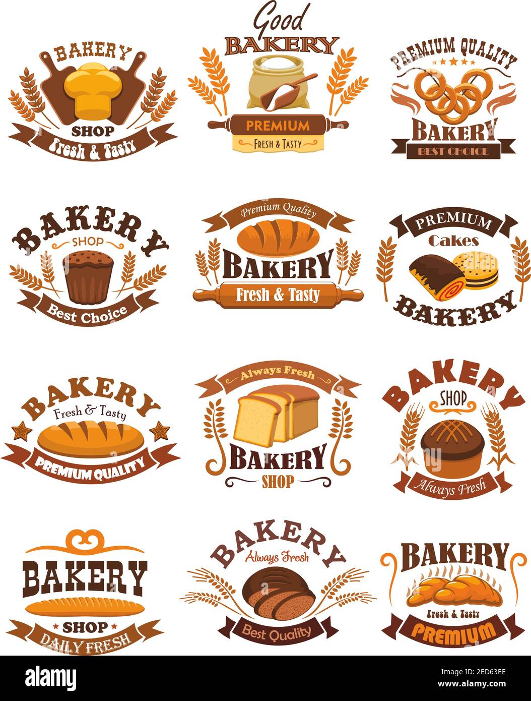 Sweet Emblems Bakery emblems set. Signs or badges of wheat and rye bread bricks and ...