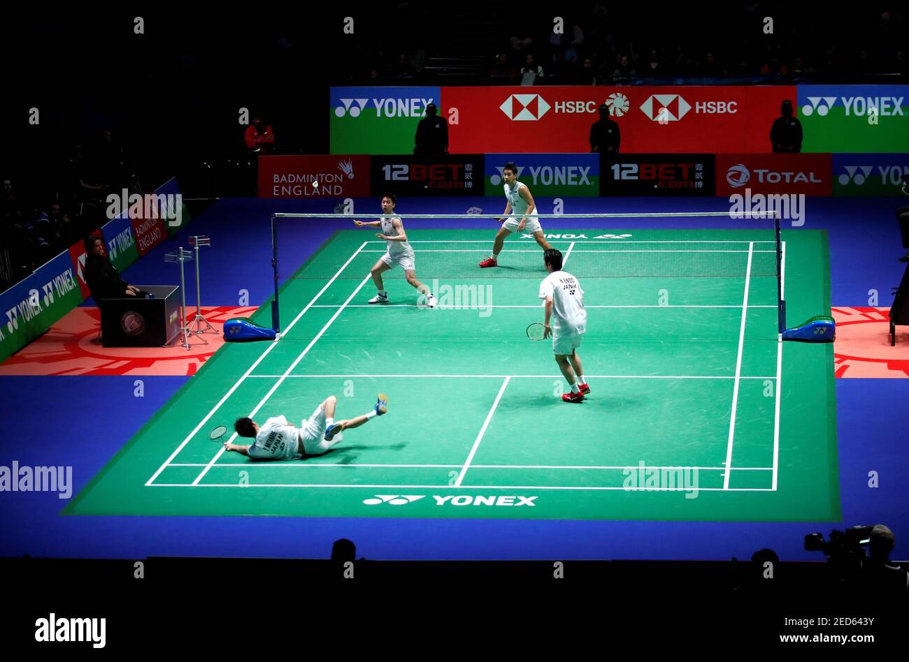 Badminton - All England Open Badminton Championships - Arena Birmingham,  Birmingham, Britain - March 15, 2020 General view of Japan's Yuta Watanabe  and Hiroyuki Endo against Indonesia's Marcus Fernaldi Gideon and Kevin