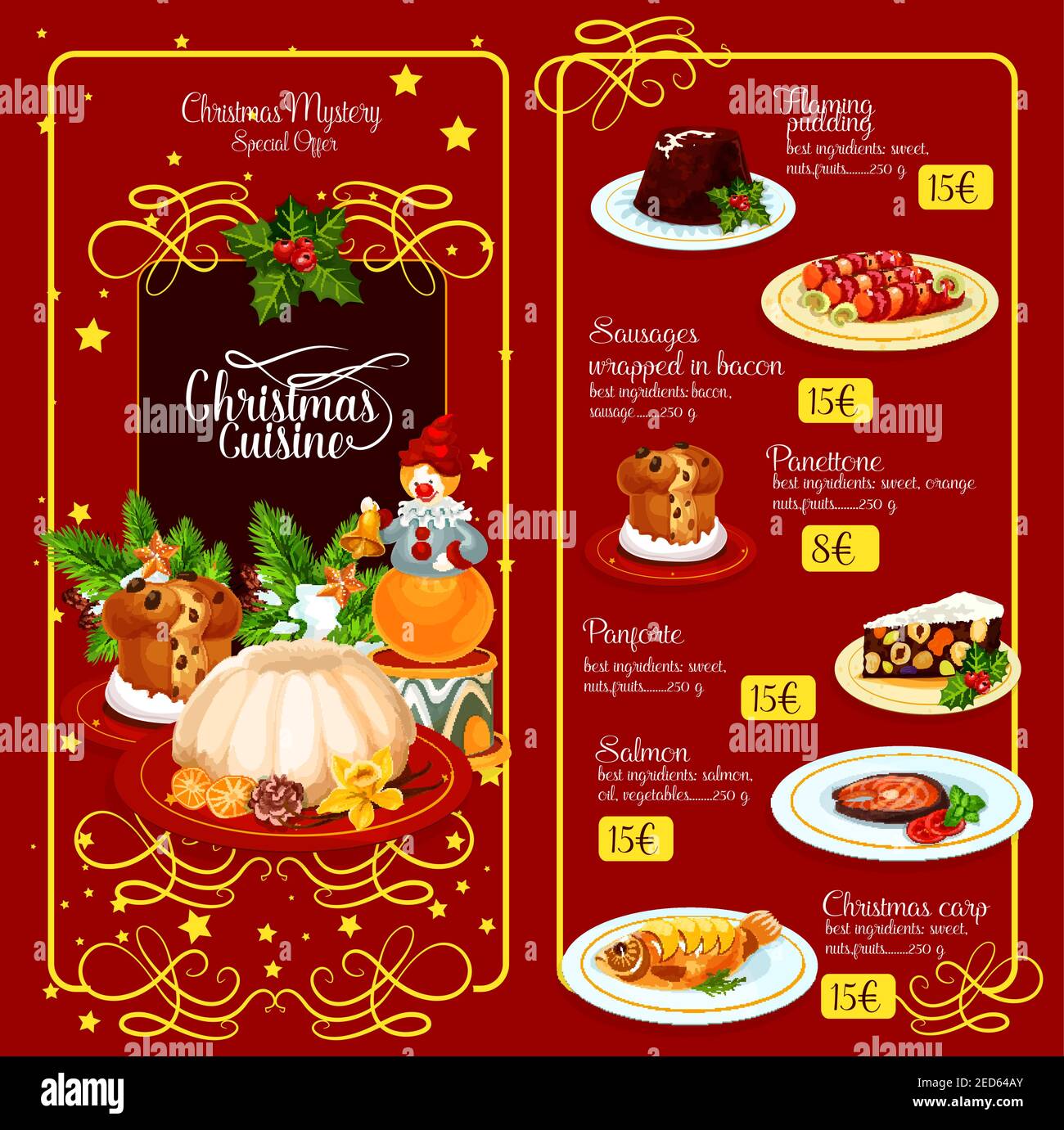 Christmas festive menu template design. British flaming pudding, baked