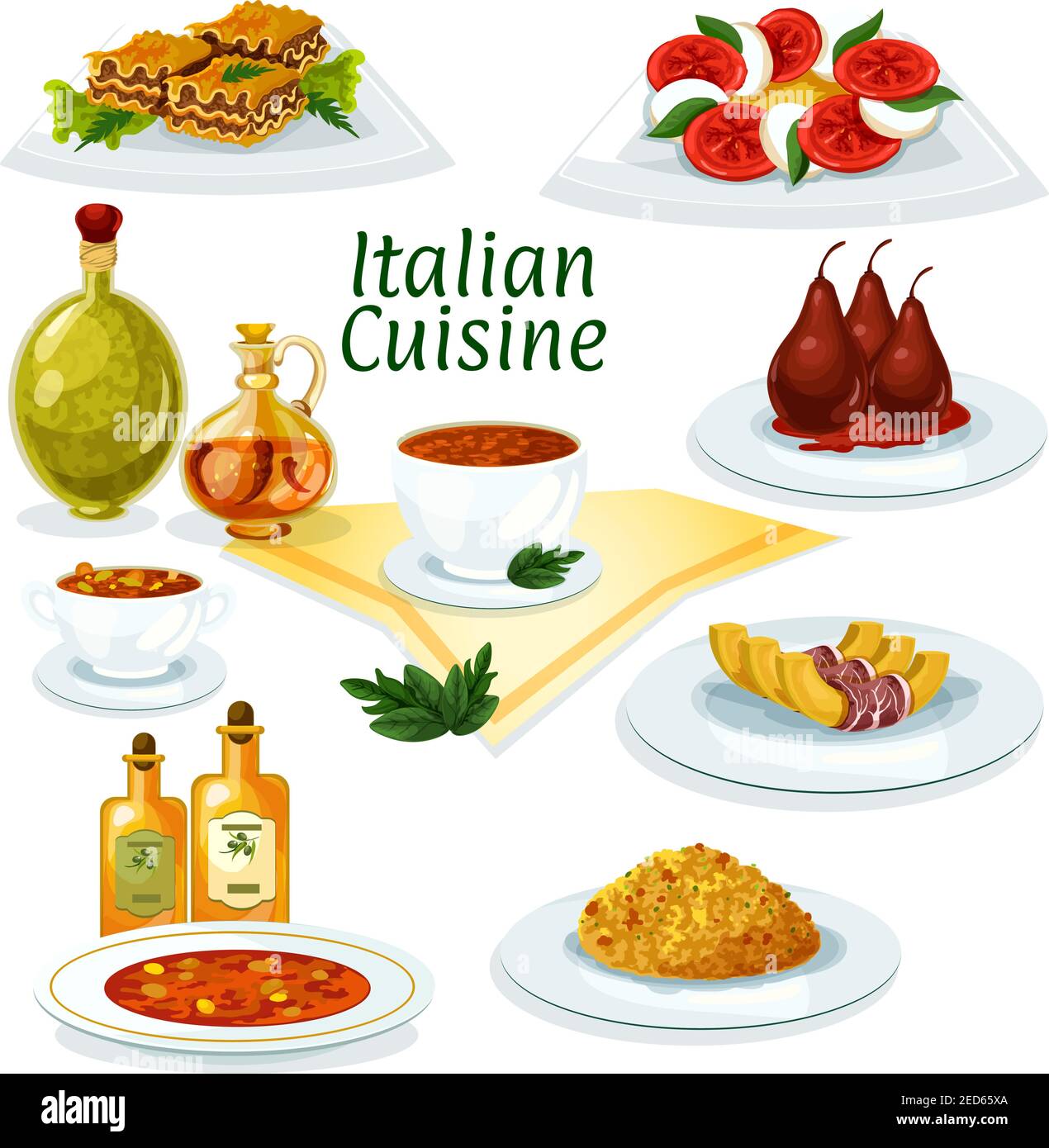 Italian cuisine cartoon icon with lasagna, risotto, pasta soup minestrone, mozzarella, tomato and basil salad caprese, baked pumpkin with bacon, pear Stock Vector