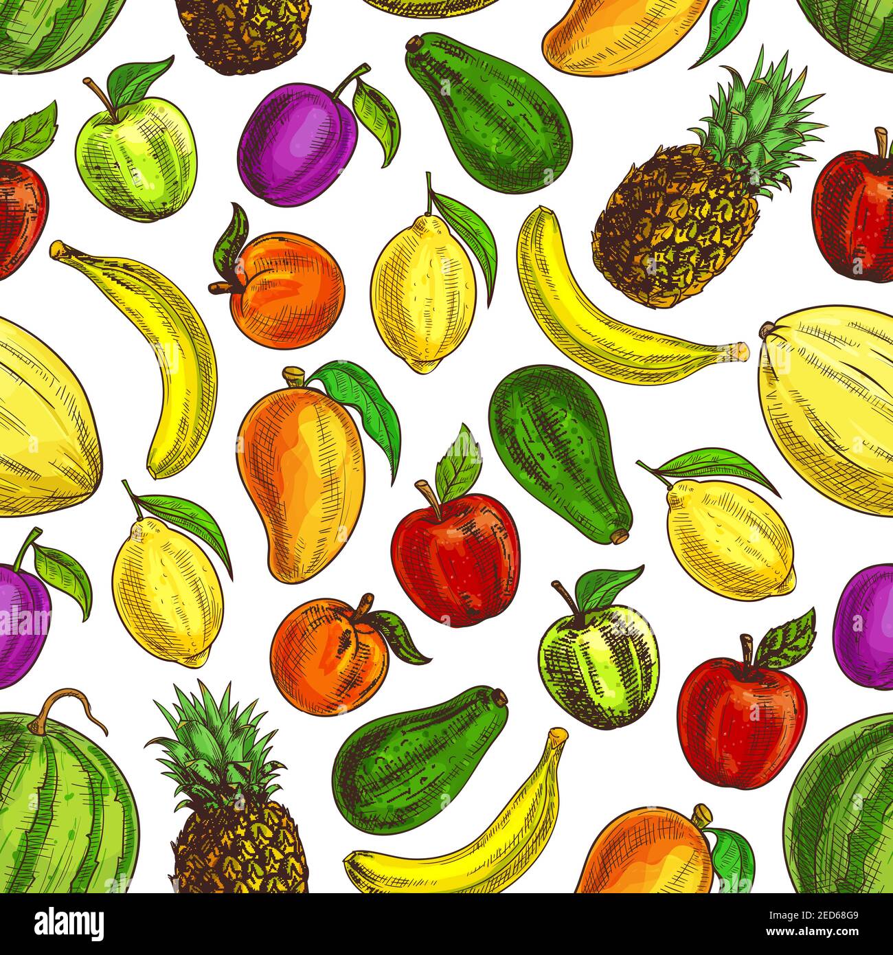 Fruit pattern. Vector seamless background of juicy citrus fruits banana ...