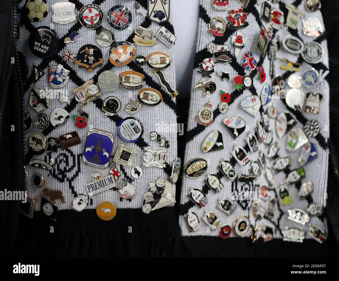 Soccer Football - Championship - Stoke City v Derby County - bet365  Stadium, Stoke-on Trent, Britain - November 28, 2018 General view of a  Derby County fan wearing pin badges on a