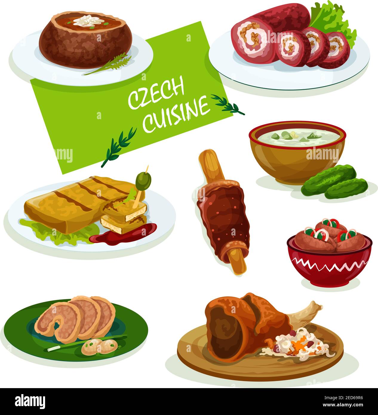 Czech cuisine traditional pork knee icon served with sauerkraut and pickled sausage, fried cheese, stuffed carp, cold cucumber soup, beef roll, tomato Stock Vector