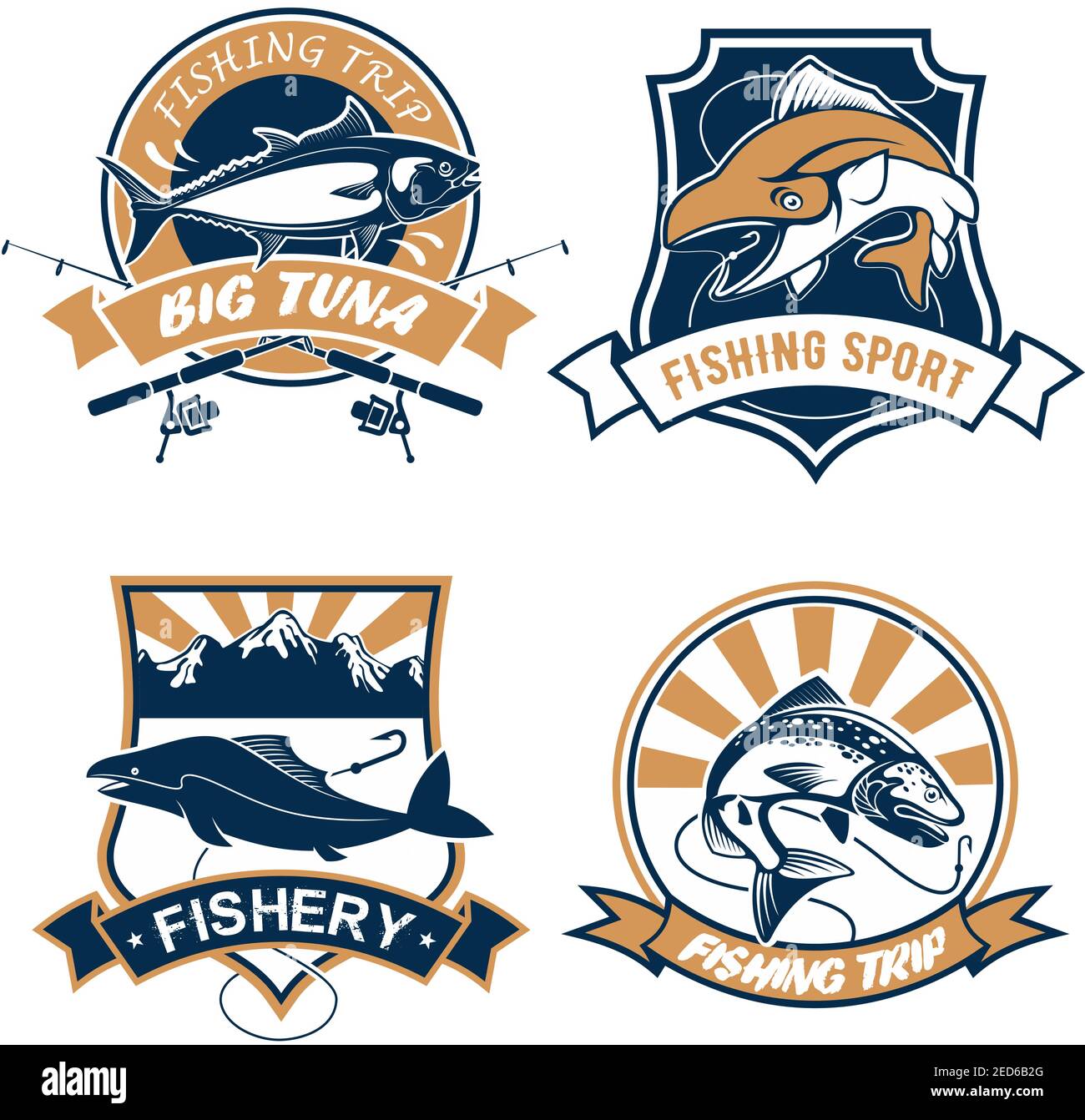 Fishing icons set or emblems with fishing rods, hook and baits