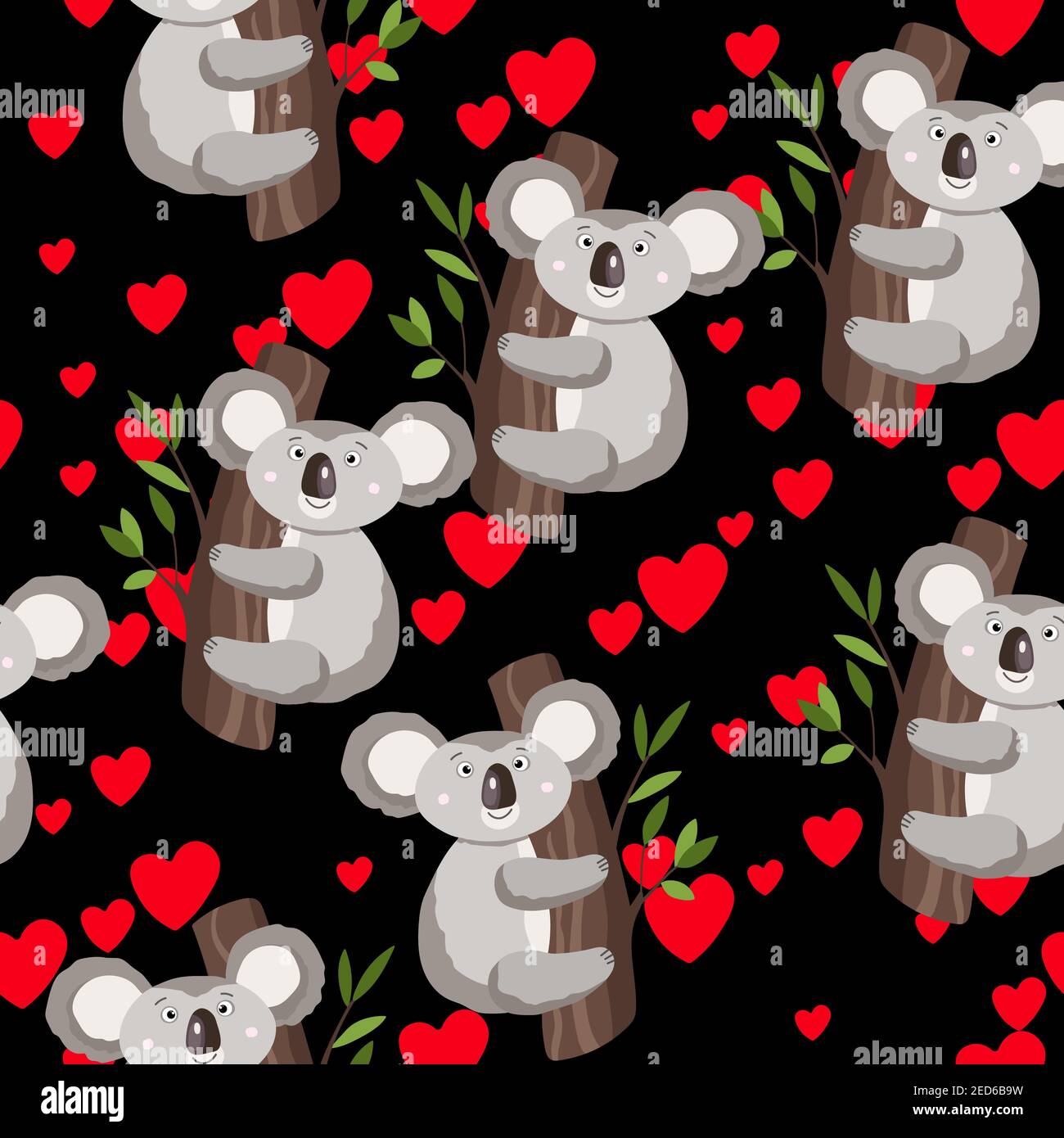 Seamless pattern with cute koala baby and hearts on dark background ...
