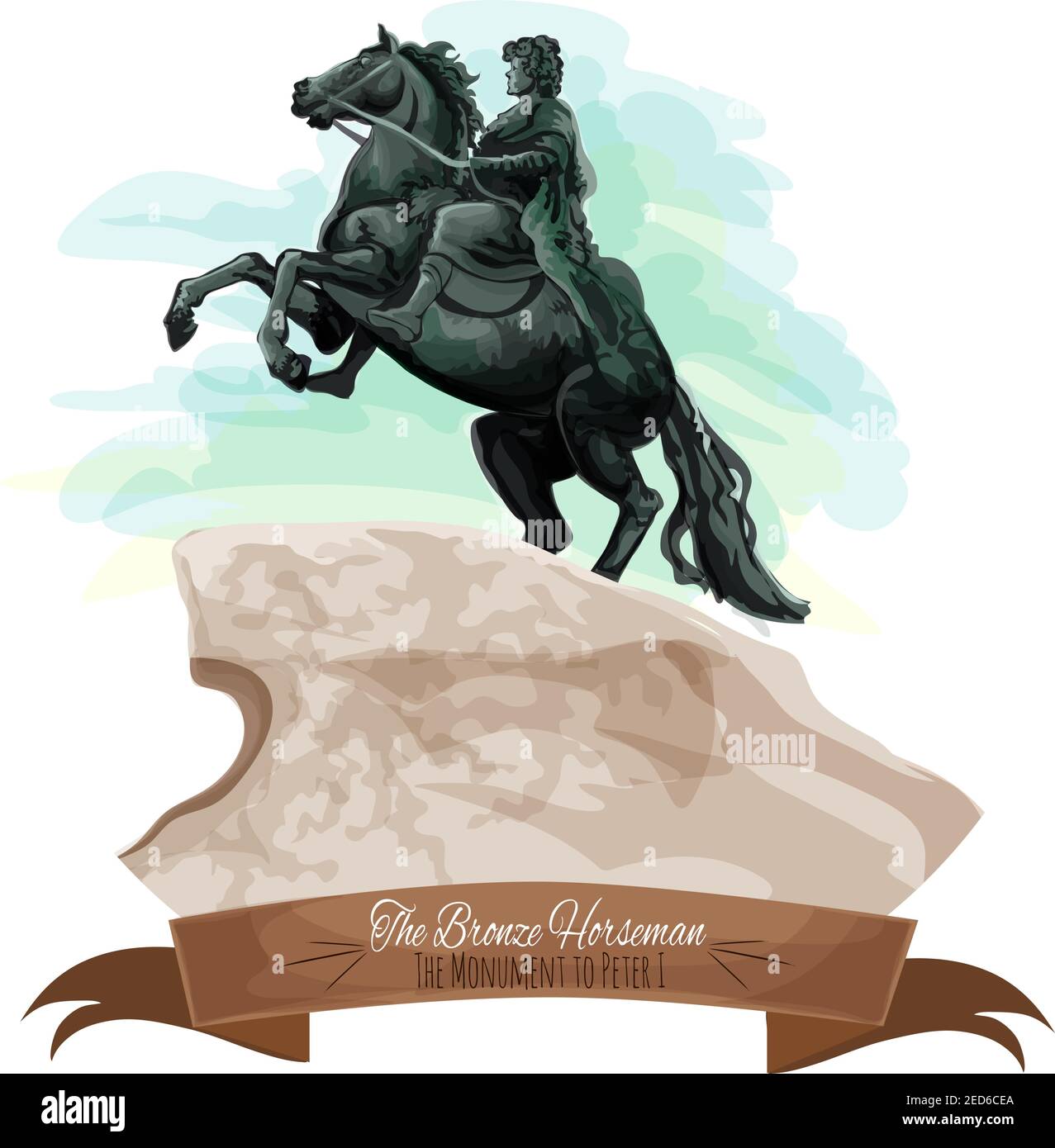 Russian travel landmarks cartoon icon with The Bronze Horseman statue of Peter The Great on stone postament in Saint Petersburg, decorated by ribbon b Stock Vector