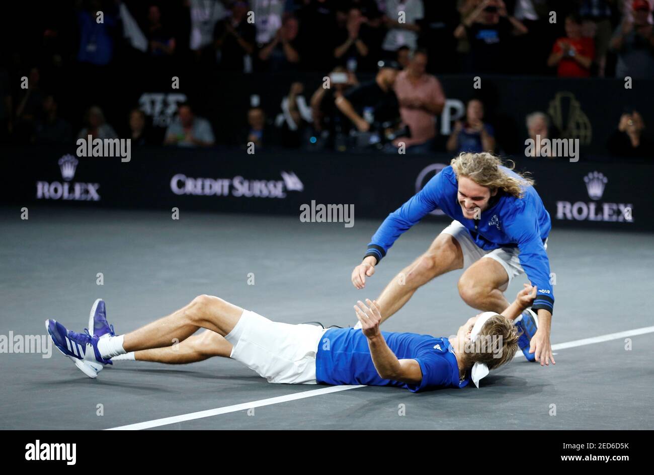 Tennis - Laver Cup - Palexpo, Geneva, Switzerland - September 22, 2019 Team  Europe's Alexander Zverev celebrates winning his singles match against Team  World's Milos Raonic with Stefanos Tsitsipas REUTERS/Pierre Albouy Stock  Photo - Alamy