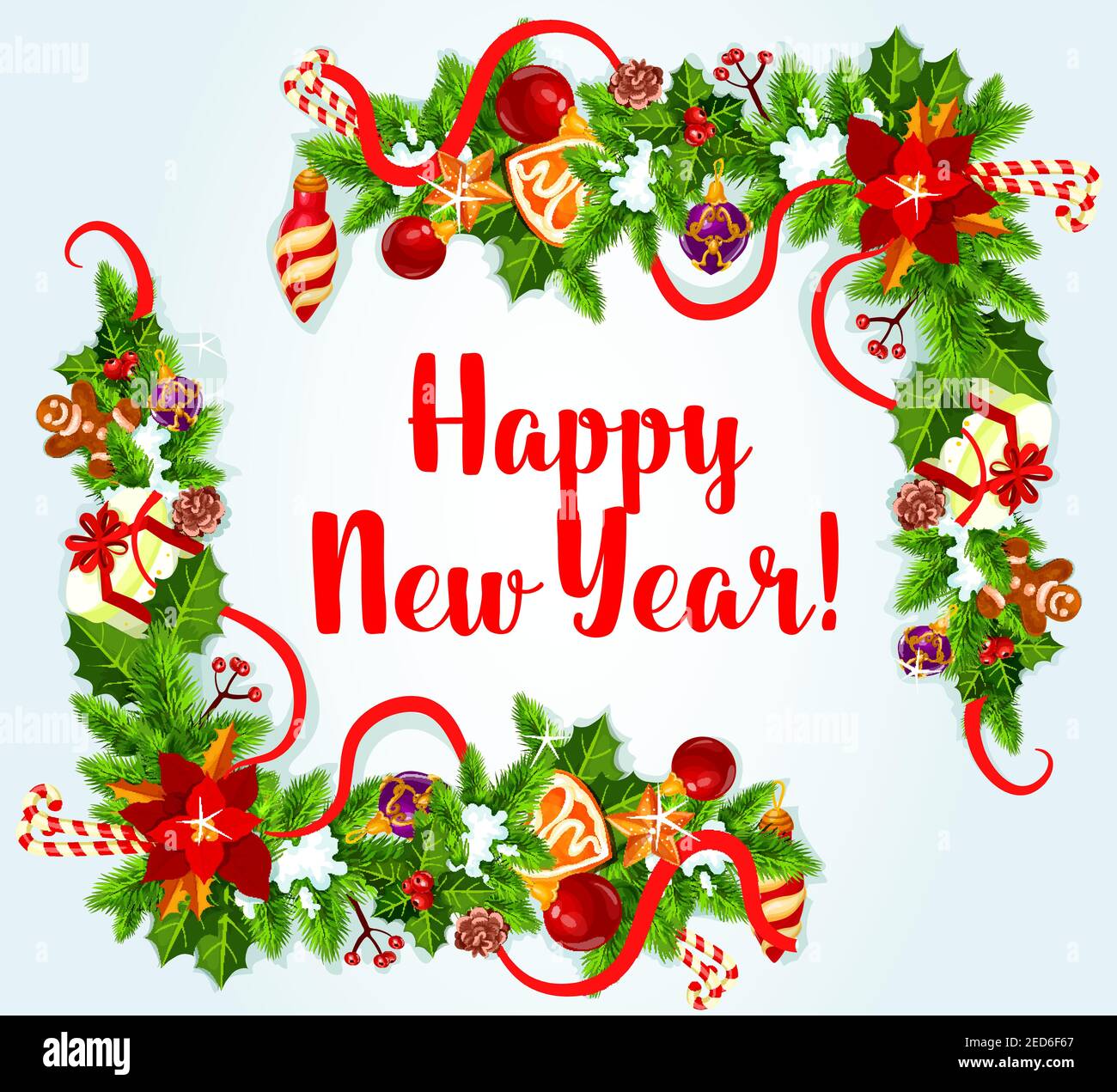New Year greeting card with festive garland. Holly berry and pine tree ...