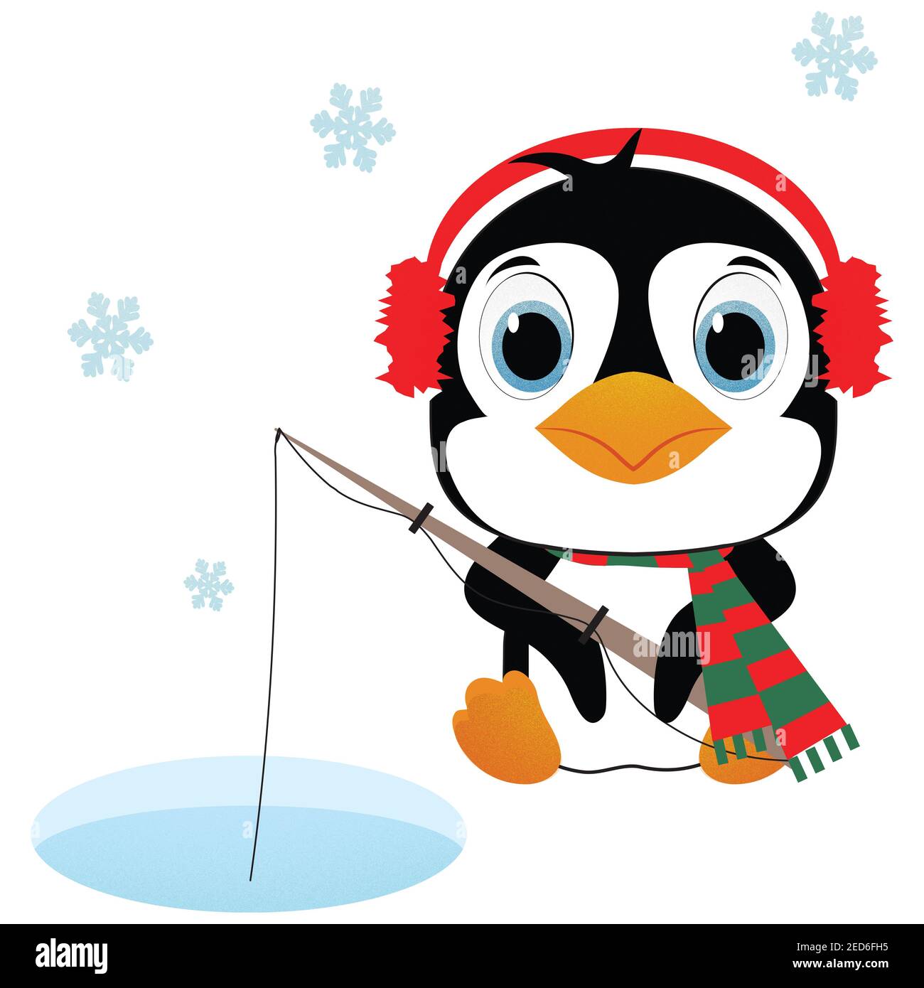 Ice Fishing Penguin in Winter Hat and Scarf Pole Fishing in the