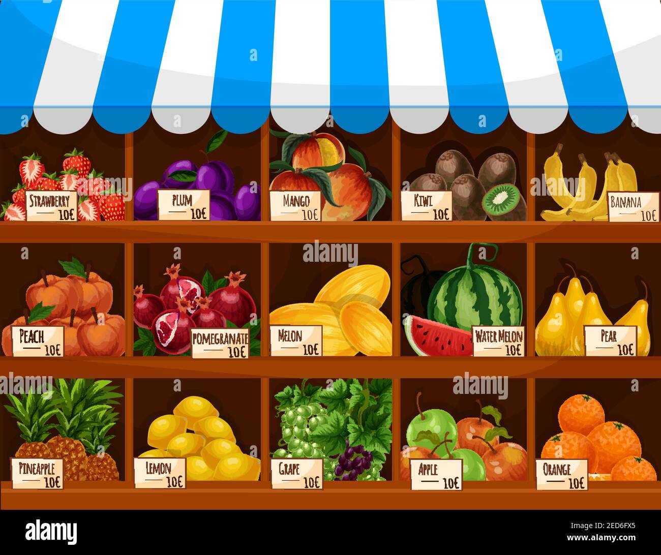 Fruit display of shop, store or market counter showcase stand. Fresh