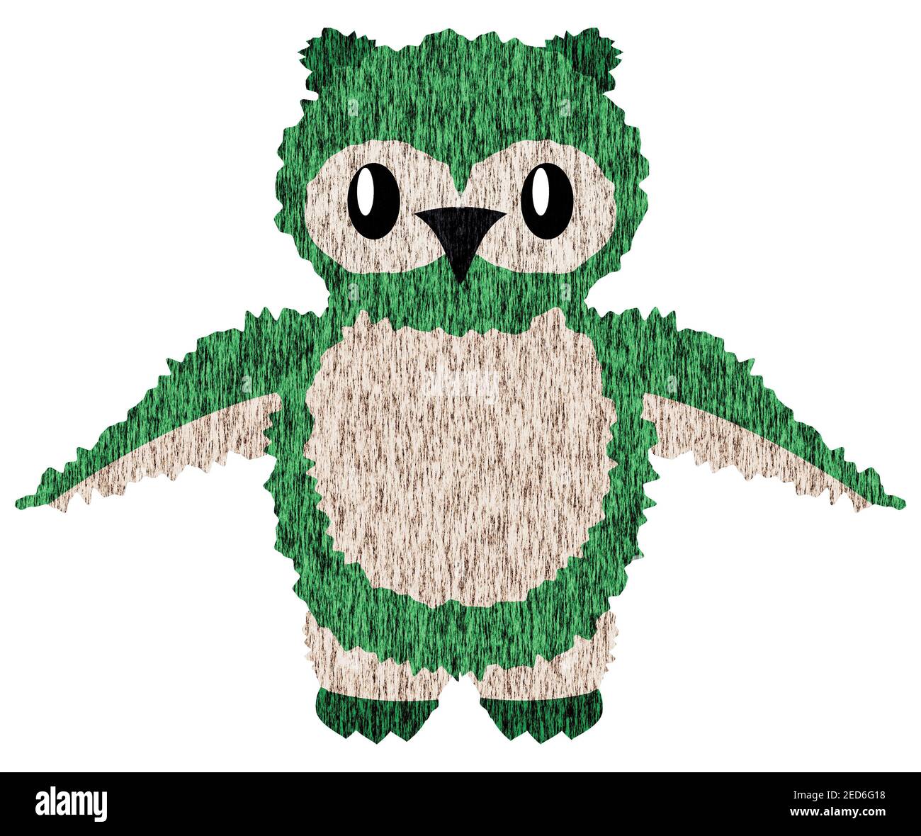 Scribble Art Green and Brown Owl Standing Illustration Isolated on White Background with Clipping Path Stock Photo