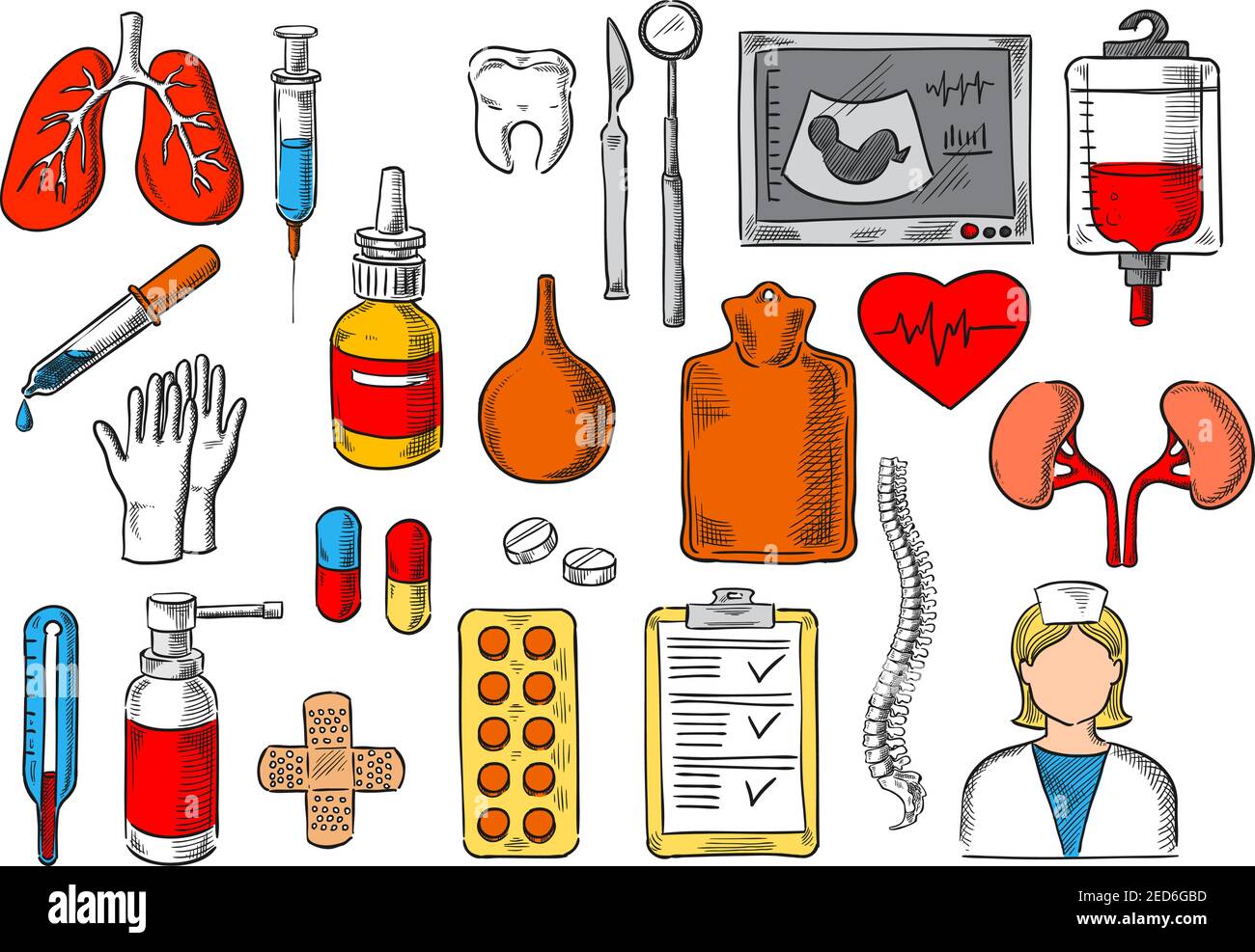 Medicines and treatment tools and items. Vector sketch isolated icons of medical pills, human organs lungs, heart and kidney, blood dropper, enema syr Stock Vector