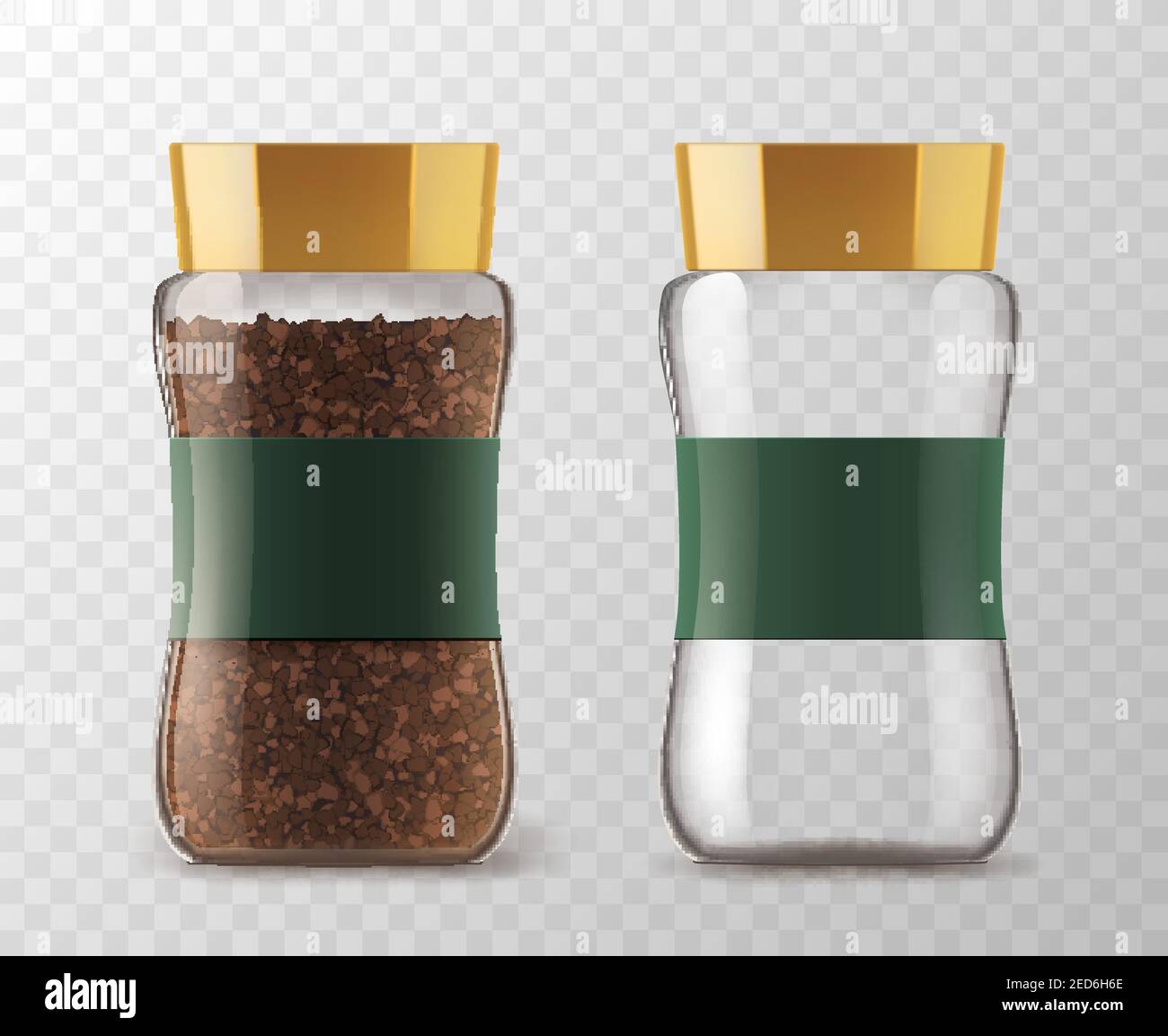 Coffee glass jar with instant coffee granules and empty can. Vector isolated glass coffee jars