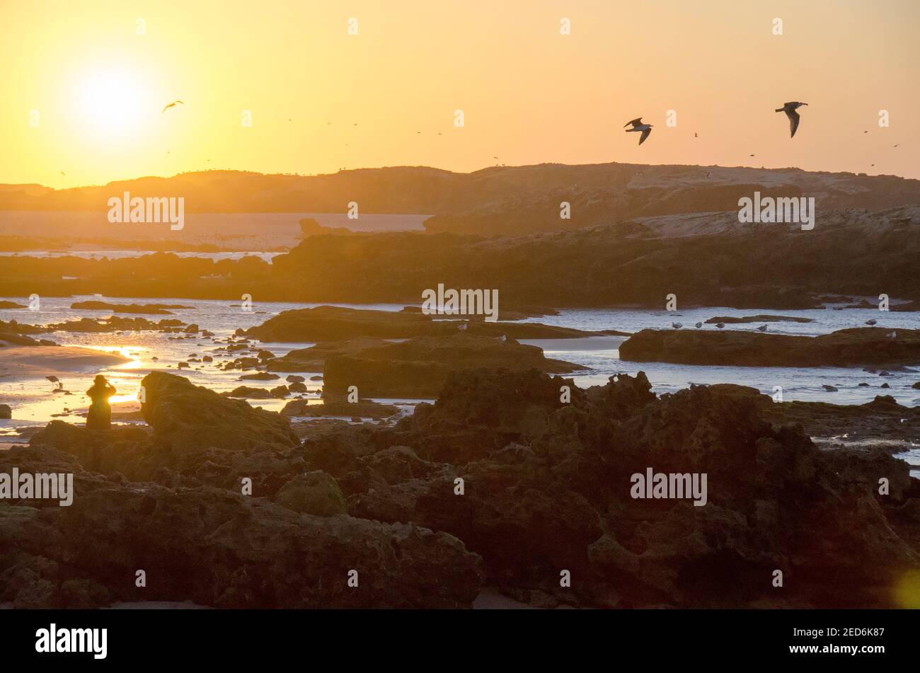 Sundown with birds flying above cliffs and blue water Stock Photo