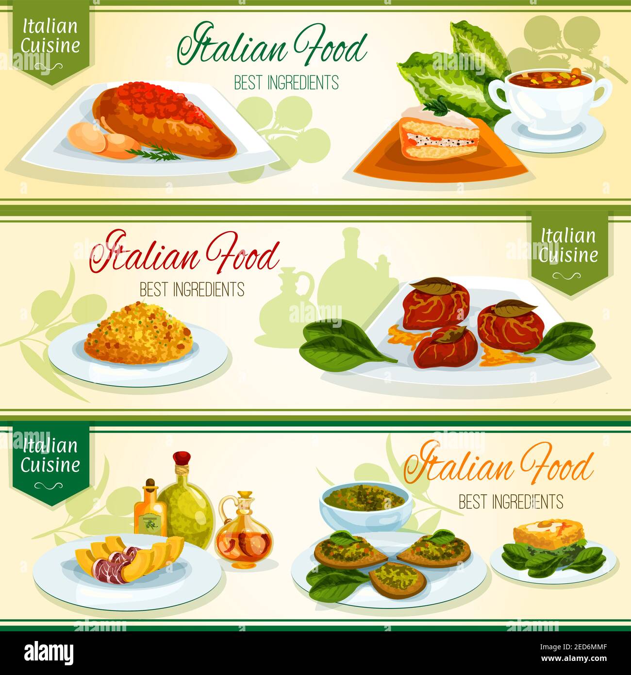 Italian cuisine lunch with dessert banner set. Chicken with tomato sauce, basil pesto sauce, risotto, fruit cake cassata, tuscan bean soup, spinach om Stock Vector