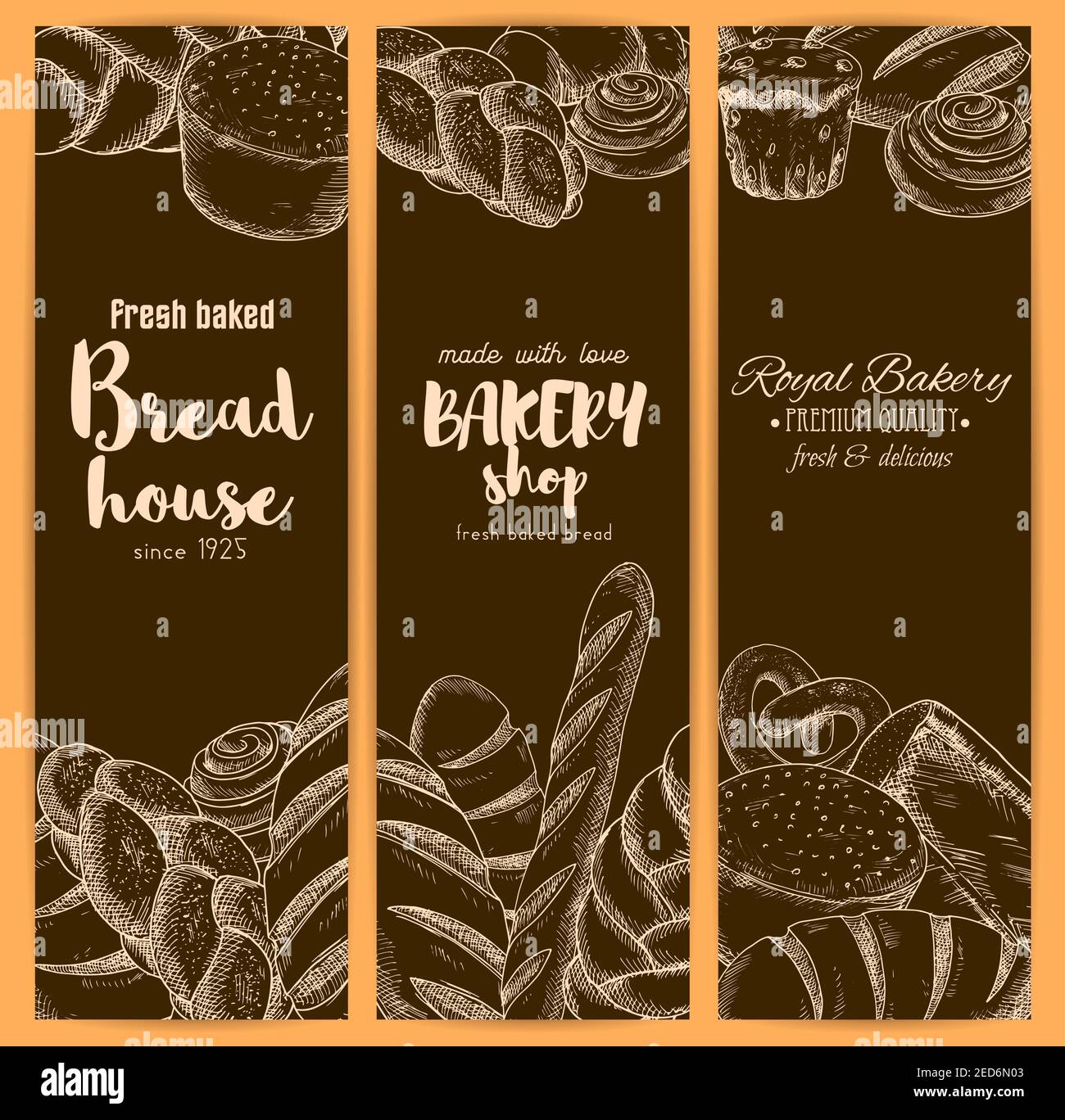 Bakery or baker house bread banners of sketch fresh baked pretzel ...