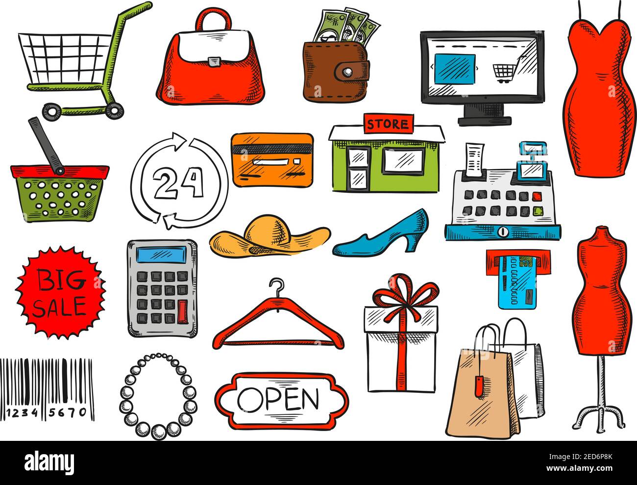 https://c8.alamy.com/comp/2ED6P8K/shopping-icons-set-vector-isolated-retail-and-purchase-items-of-shop-counter-woman-dress-and-credit-card-clothes-hanger-and-shoes-gift-box-and-sho-2ED6P8K.jpg