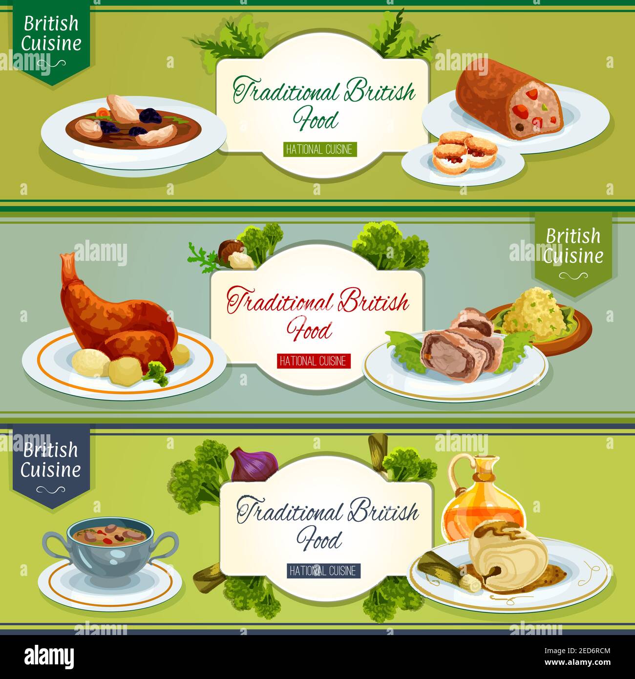 British cuisine national dishes banner set. Beef wellington baked in pastry, scottish chicken soup, baked rabbit, kidney soup, cod in mustard sauce, f Stock Vector