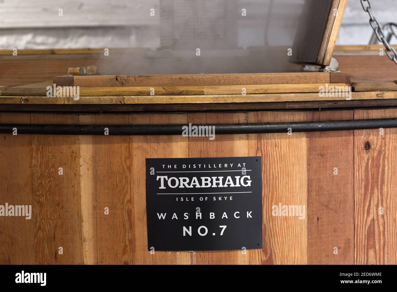 United Kingdom, Scotland, Highlands, Hebrides, Isle of Skye, Teangue, Torabhaig whisky Distillery, washback and vapour. Stock Photo