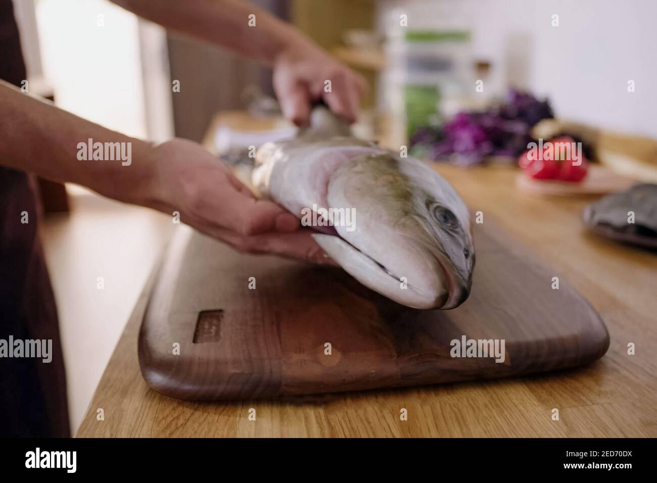 Knife cutting salmon, gutting fish in the kitchen Stock Photo Alamy