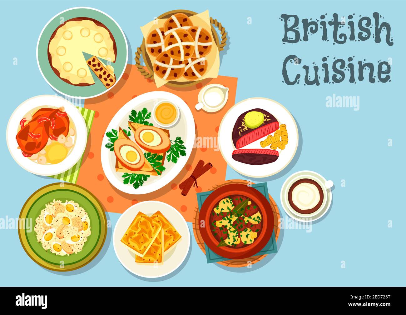 British cuisine main dishes with snack food icon of cheese toast, beef steak, fish rice salad, irish vegetable meat stew, scotch egg wrapped in sausag Stock Vector