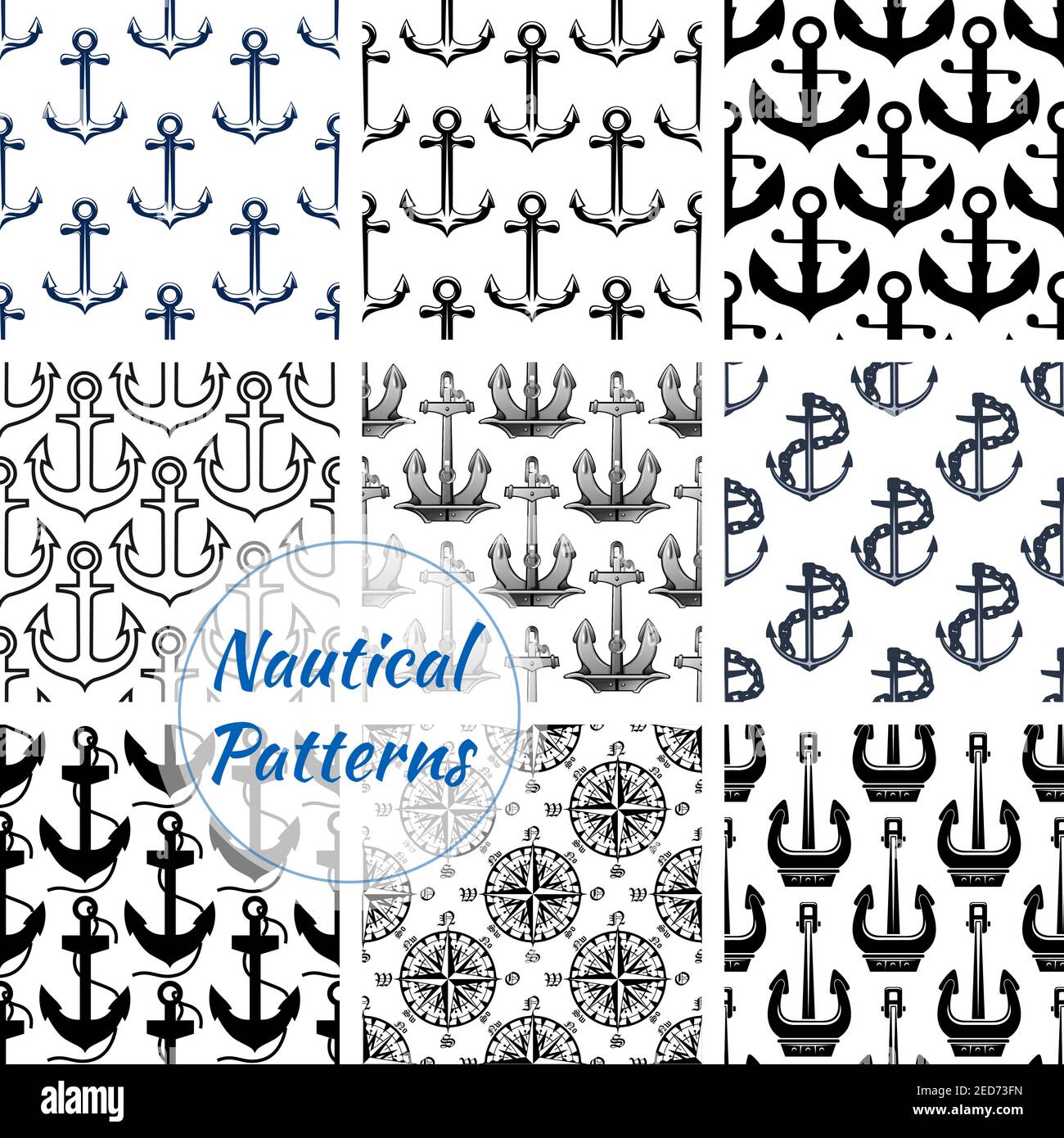 Navy anchor and compasses seamless pattern set. Nautical background of