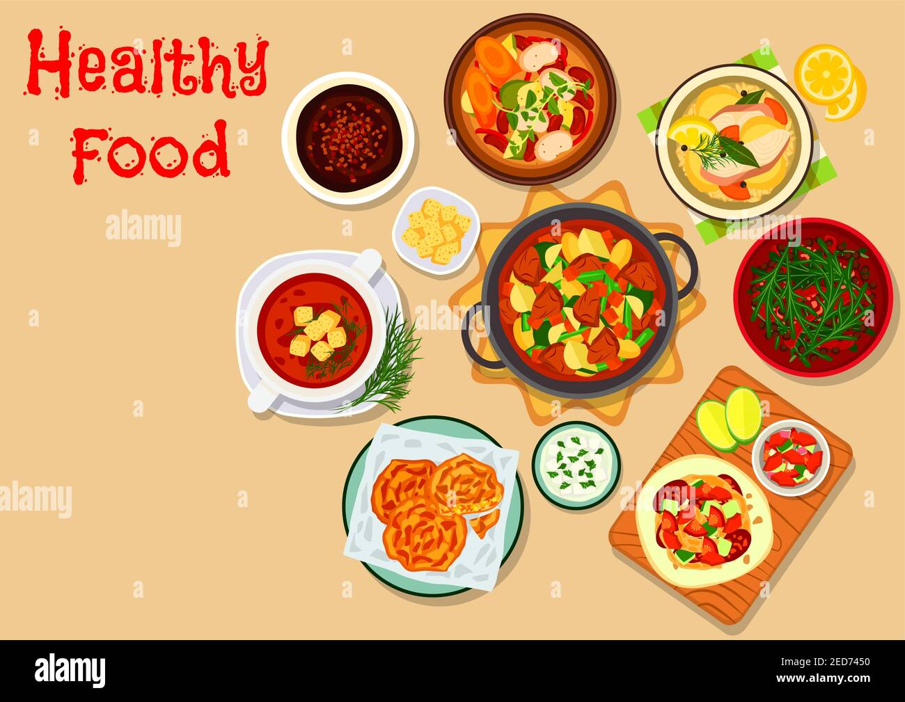 Tasty lunch dishes icon with vegetable beef stew, fish soup, sausage omelette, vegetable bean soup, tomato cream soup with croutons, carrot pancake, c Stock Vector