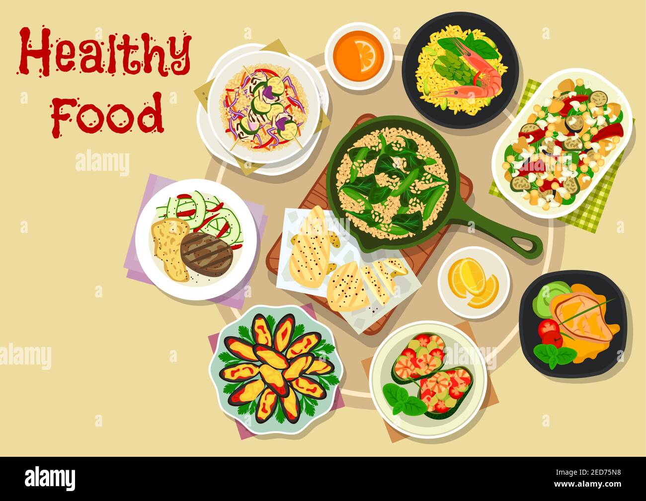 Appetizing meal icon of vegetable salad with cheese and chickpea, grilled chicken with veggies, rice risotto with shrimp, guacamole with seafood, bake Stock Vector