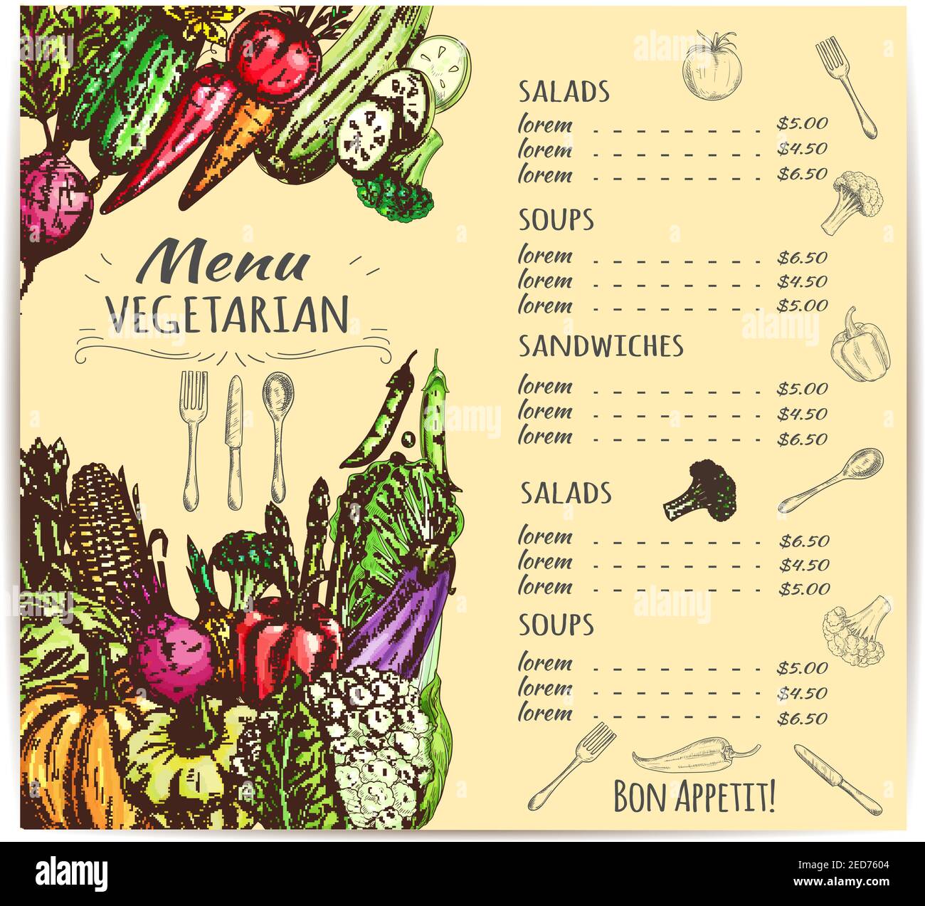 Vegetarian restaurant menu template. List of vegetable salad soup