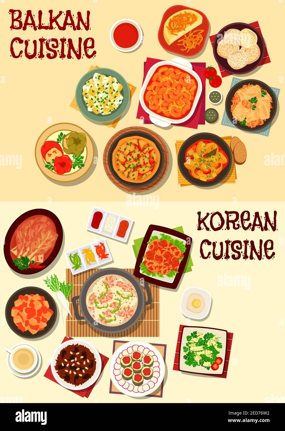 Korean and balkan cuisine icon set with kimchi vegetables, seafood soup, vegetable and bean stew, marinated fish, stuffed cabbage and pepper, polenta, Stock Vector