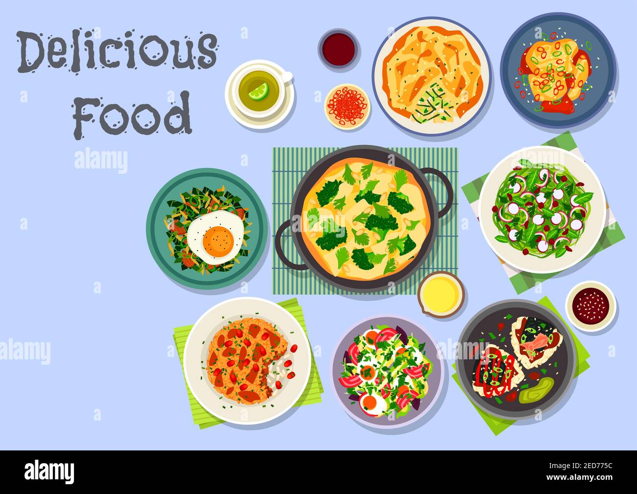 Breakfast menu icon of fried rice with kimchi, vegetable pie, omelette with cheese and broccoli, rice salad with radish and cabbage, tuna onigiri, lam Stock Vector