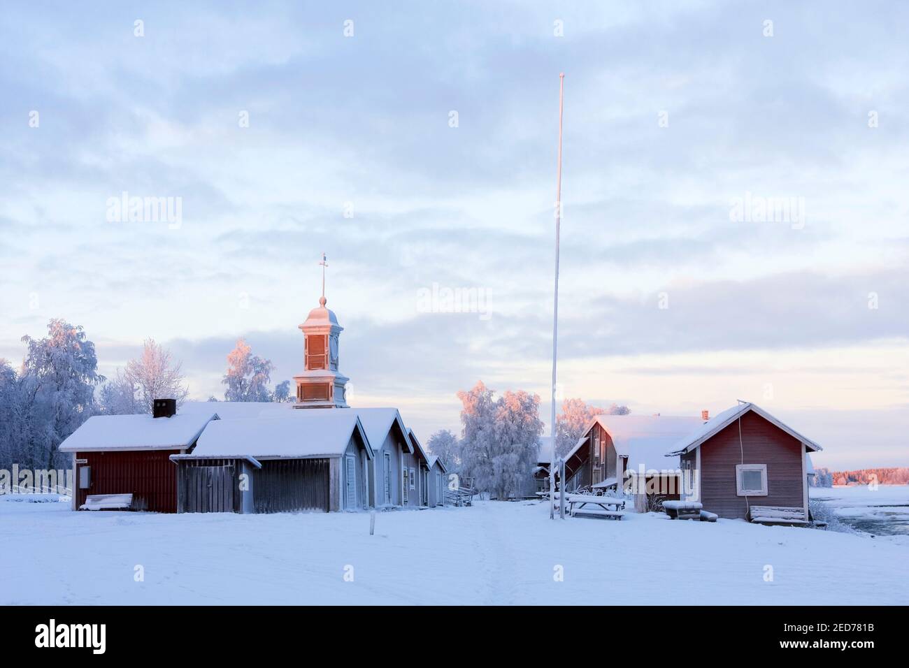KUKKOLA, SWEDEN ON DECEMBER 14, 2010. View of the outdoor museum by the river. Old wooden buildings. Editorial use. Stock Photo