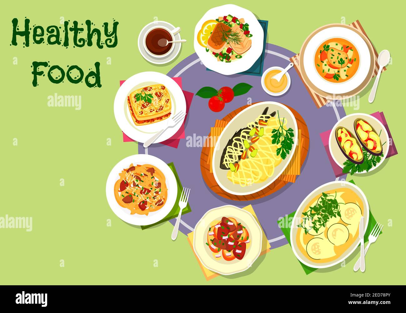 Nutritious dinner with meat and fish icon of vegetable salad with fish, pasta topped with liver onion stew, fish soup, liver toast, eggplant and potat Stock Vector