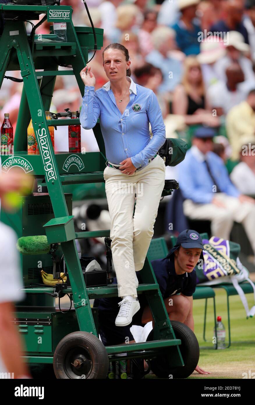 Tennis - Wimbledon - All England Lawn Tennis and Croquet Club, London,  Britain - July 12, 2019 Umpire Eva Asderaki-Moore during the semi-final  match between Serbia's Novak Djokovic and Spain's Roberto Bautista