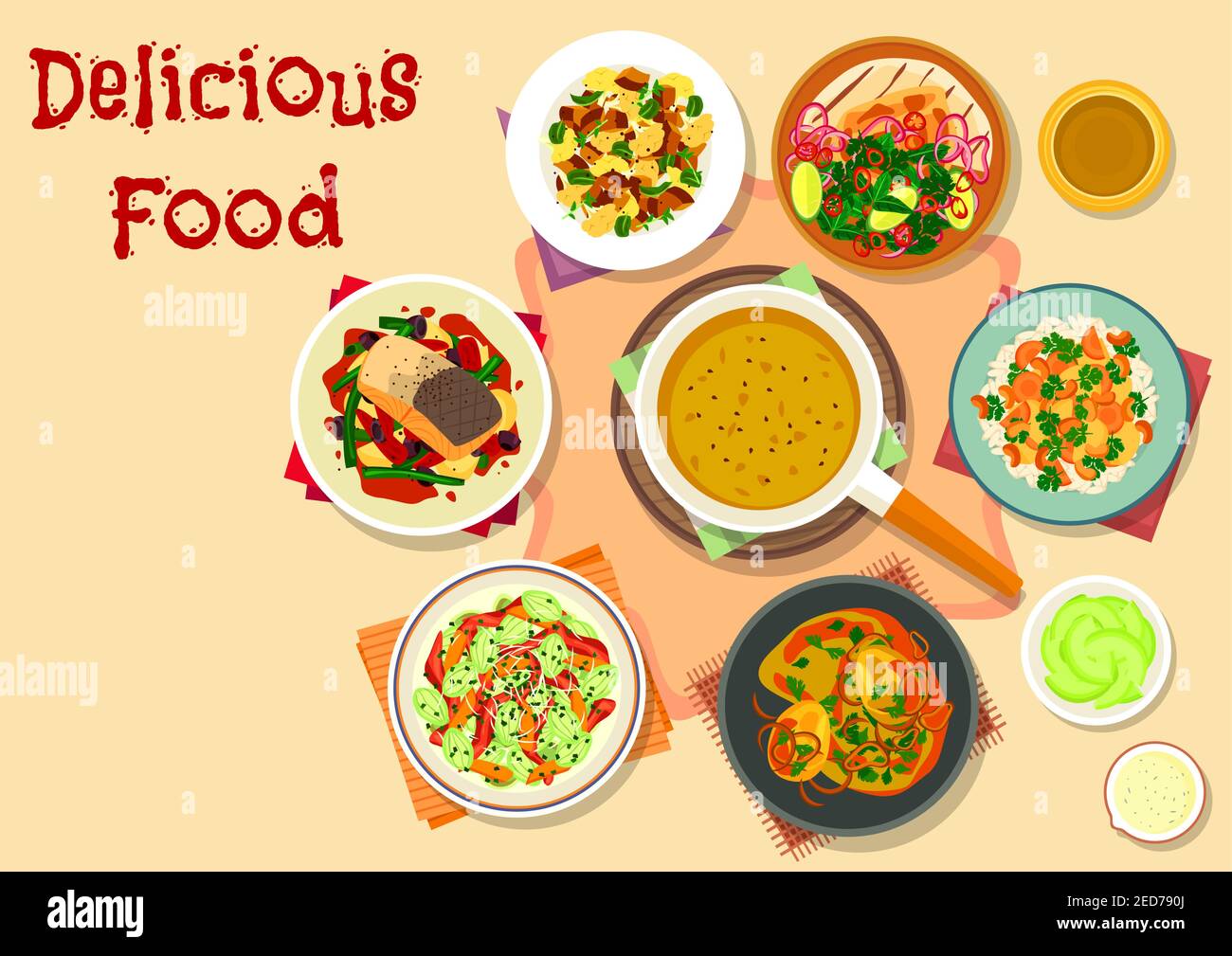 Spicy dishes for dinner menu icon of grilled chicken with curry sauce, vegetable stew, pasta with pesto sauce and ham, curry egg, salmon steak, apple Stock Vector