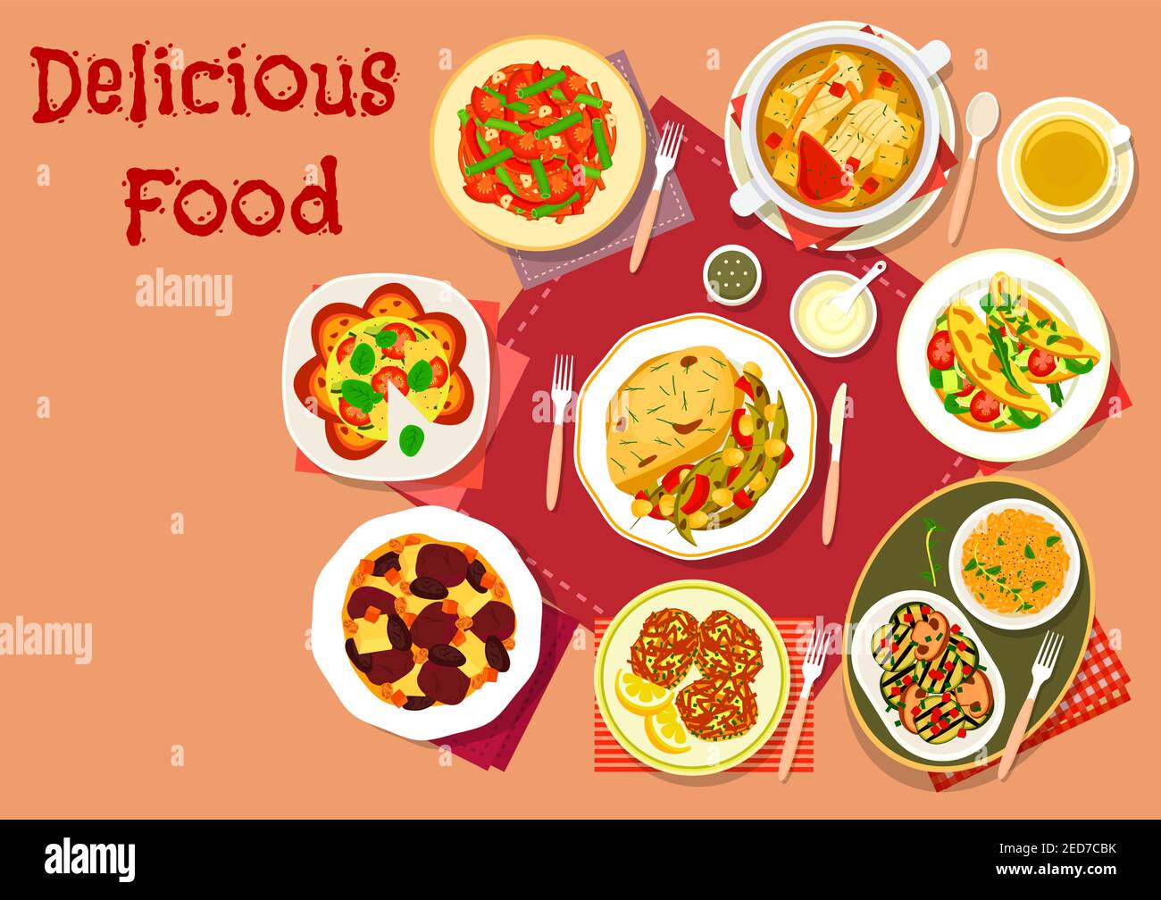 Popular dishes for lunch icon of beef stew with prune, zucchini egg casserole with bread, tomato, turkey with green bean, vegetable snack, fish soup, Stock Vector