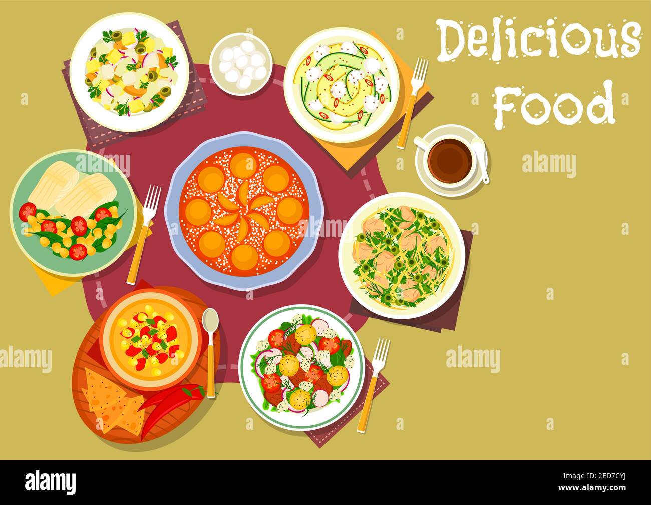 Healthy lunch with dessert icon of greek potato salad with olives, mexican chilli corn soup, chicken cheese salad, vegetable pork salad, zucchini mozz Stock Vector