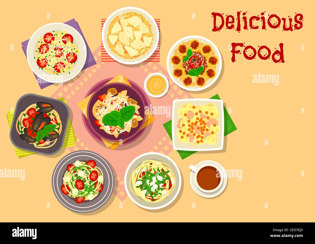Italian cuisine icon of tomato pasta with pesto, basil, anchovy, veggies, seafood spaghetti, baked pasta with meat and cheese sauce, salmon pasta with Stock Vector