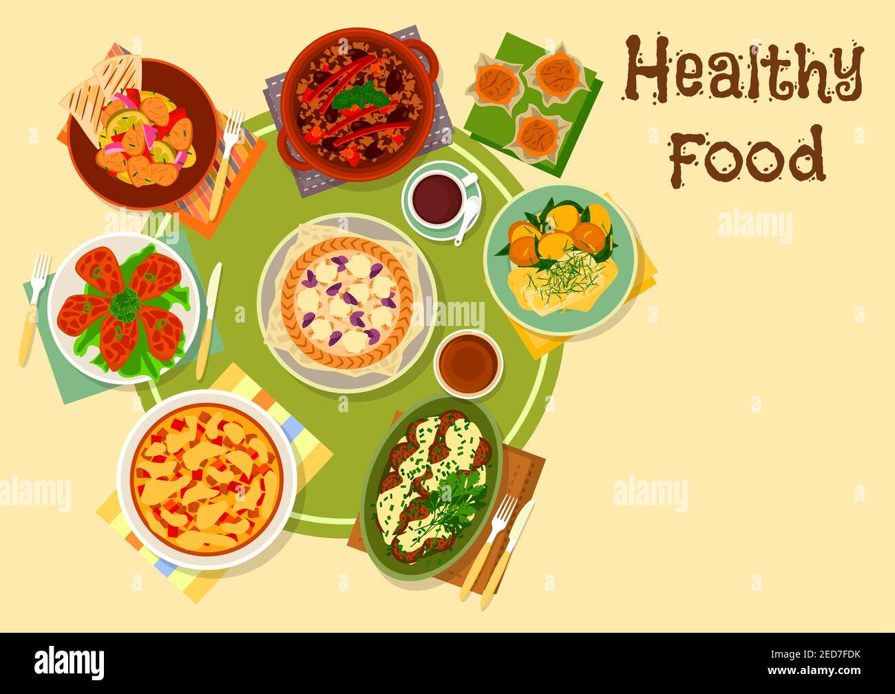 Mexican cuisine dinner with dessert icon of beef bean stew with chilli, chicken pepper stew, chorizo sausage omelette, chicken wings, sweet potato pie Stock Vector