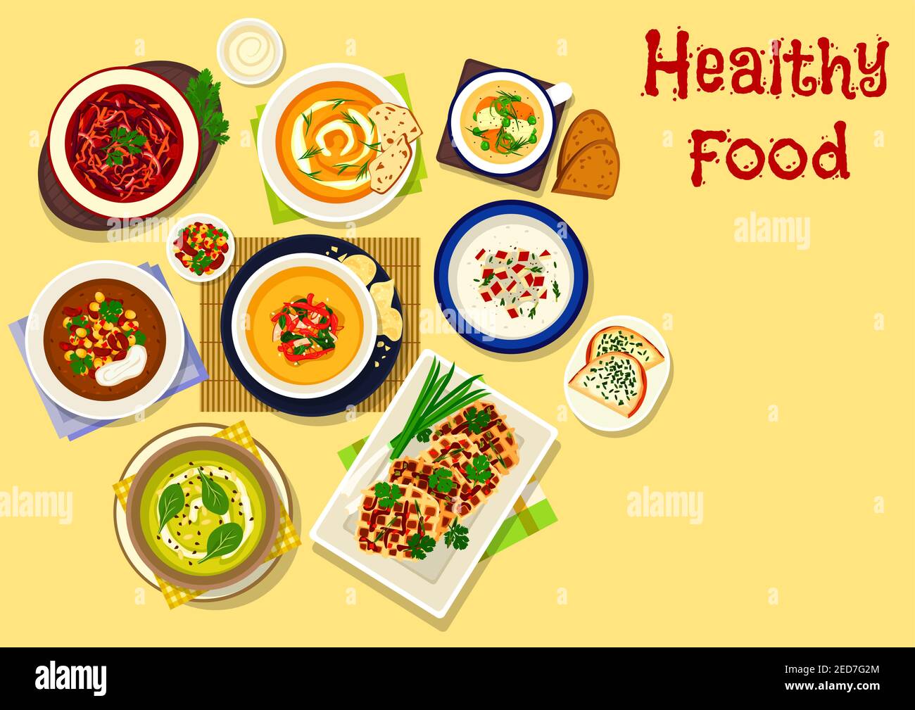 Thick soups icon of fish soup with vegetables, baked carrot and sweet potato cream soups with spices, bean corn soup with cream, beet tomato soup, app Stock Vector