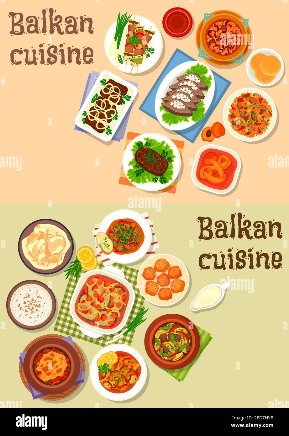 Balkan cuisine icon set of meat stews with vegetables, cheese, sausage and bean, grilled pork with veggies, baked fish, chicken and beef, liver with b Stock Vector