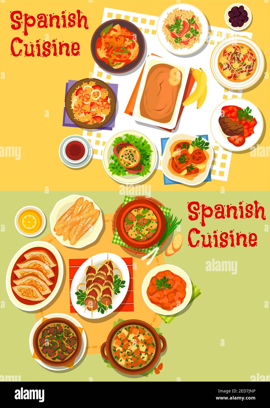 Spanish cuisine icon of seafood paella, ham rice, meat and fish stew with vegetables, baked pork, lamb kidney, liver and chicken, beef steak, sausage Stock Vector