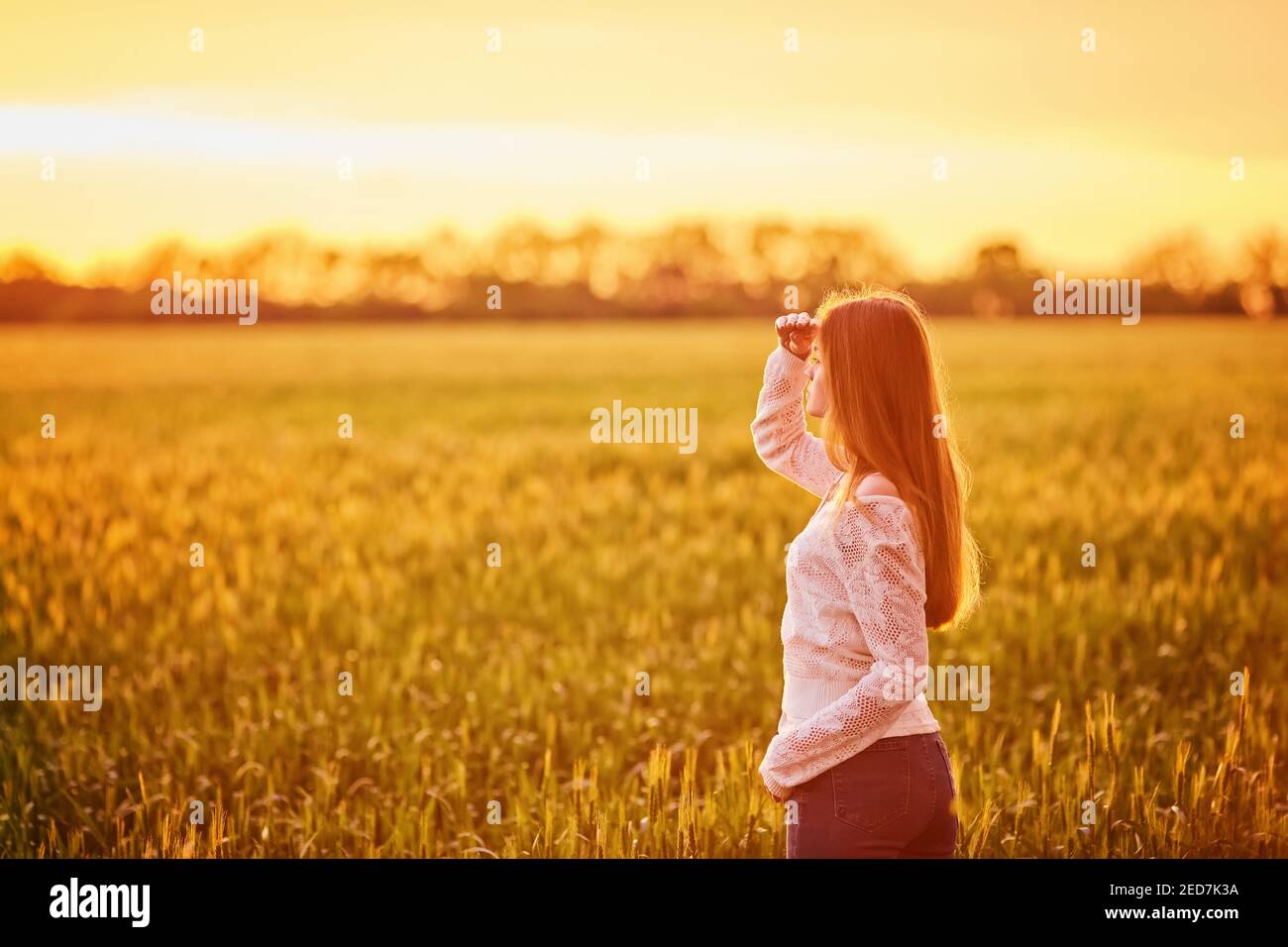 Young woman standing on a wheat field with sunrise on the background ...