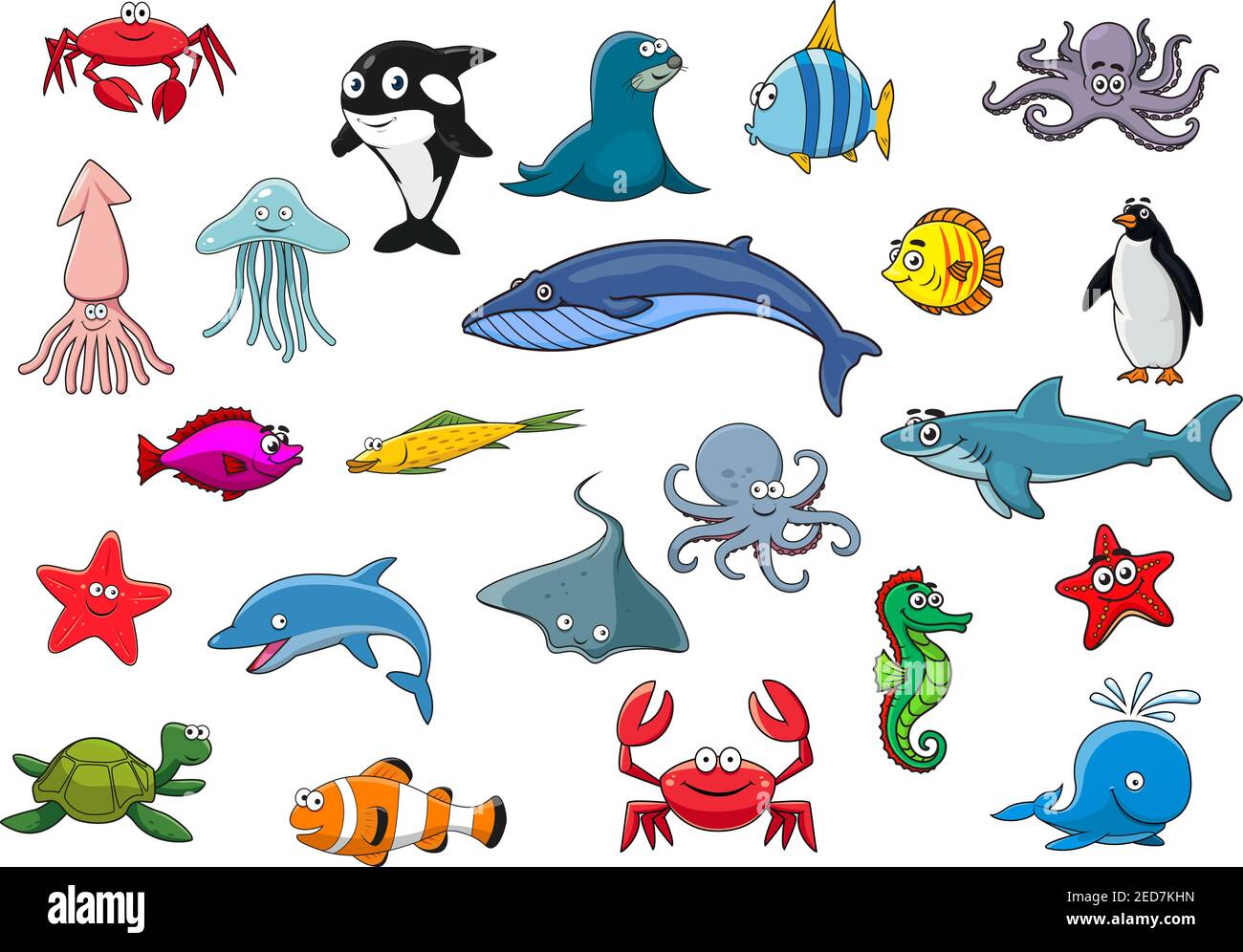Sea fish and ocean animals icons. Vector isolated cartoon lobster crab