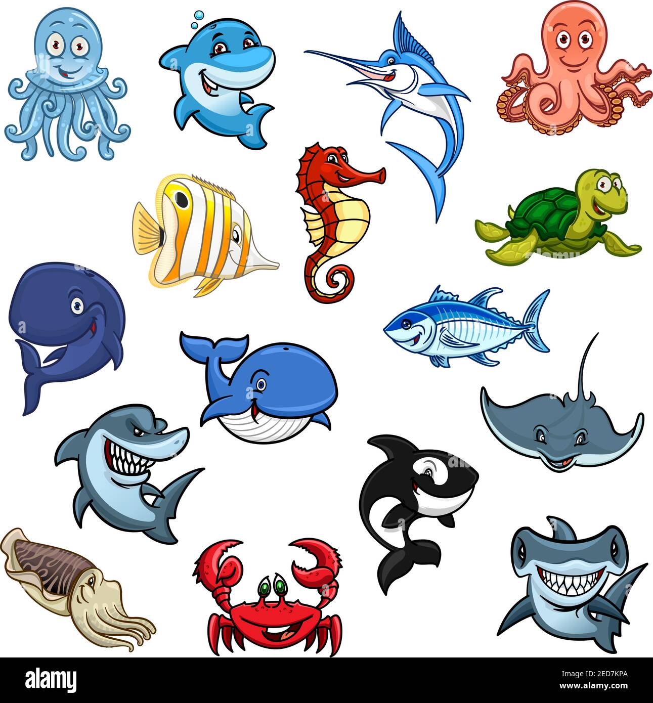 Cartoon sea animals, ocean fishes. Vector isolated icons of dolphin, whale  and shark, octopus and squid, cachalot and killer whale or orca, butterflyf  Stock Vector Image & Art - Alamy
