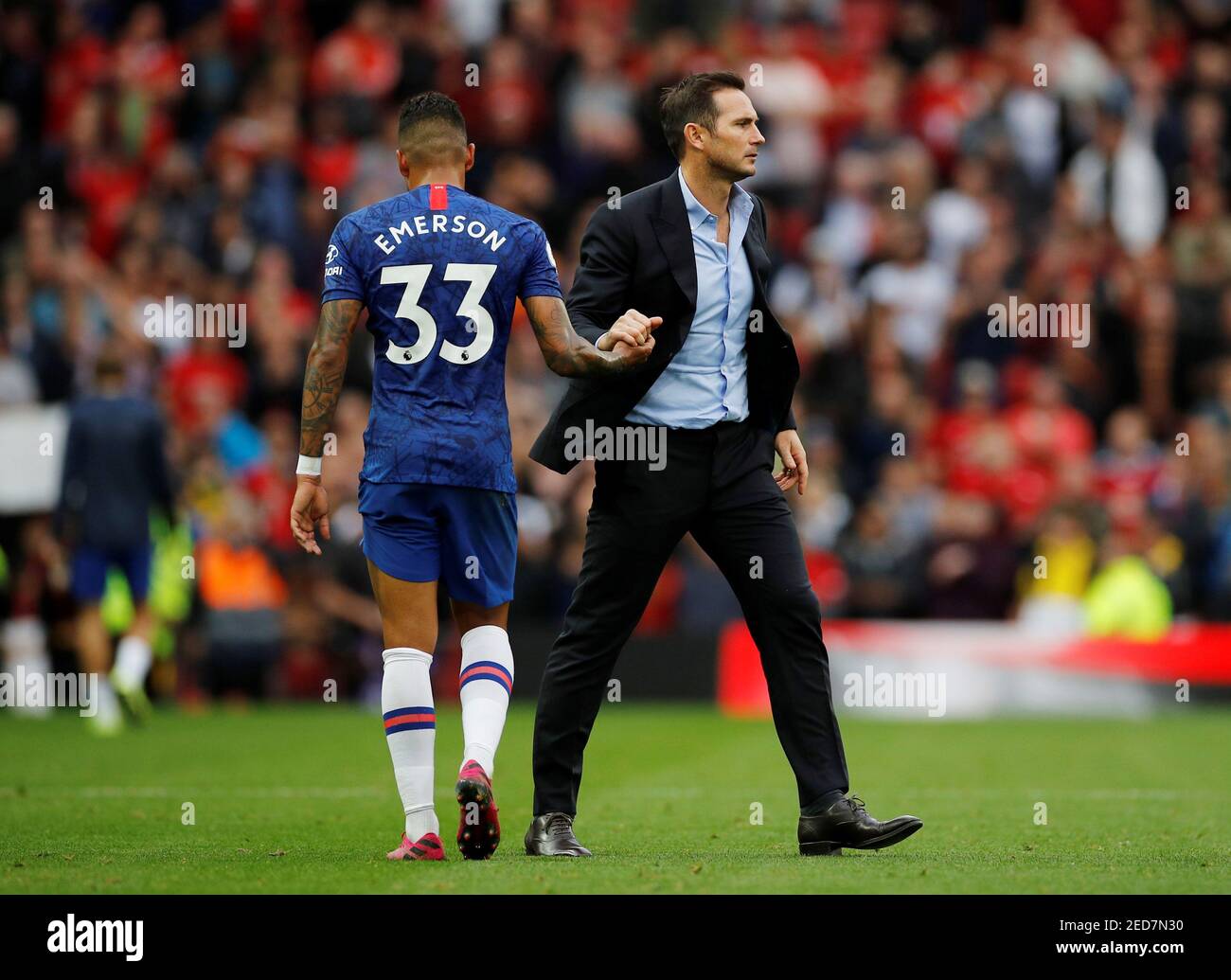 Soccer Football - Premier League - Manchester United v Chelsea - Old Trafford, Manchester, Britain - August 11, 2019  Chelsea manager Frank Lampard and Emerson Palmieri look dejected at the end of the match  REUTERS/Phil Noble  EDITORIAL USE ONLY. No use with unauthorized audio, video, data, fixture lists, club/league logos or 'live' services. Online in-match use limited to 75 images, no video emulation. No use in betting, games or single club/league/player publications.  Please contact your account representative for further details. Stock Photo